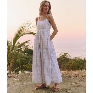 Pact Sunset Light Gauze Cami Maxi Dress White‎ Purple Blue Plaid Women’s Small